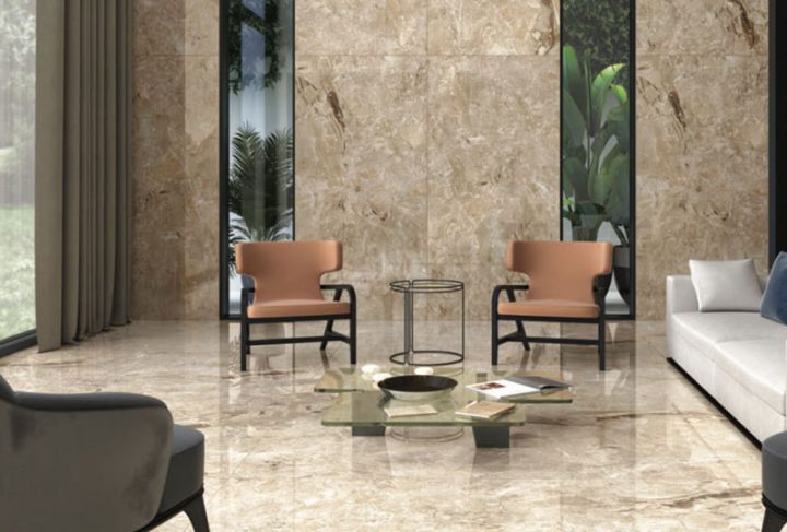 Ambiente gran salón con Pavimento porcelánico imitación mármol con betas