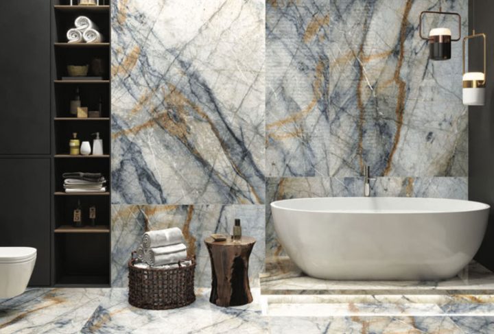 Ambiente baño con grandes azulejos Big Slabs