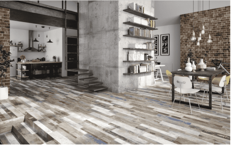 Salón con suelo porcelánico imitación madera moderno
